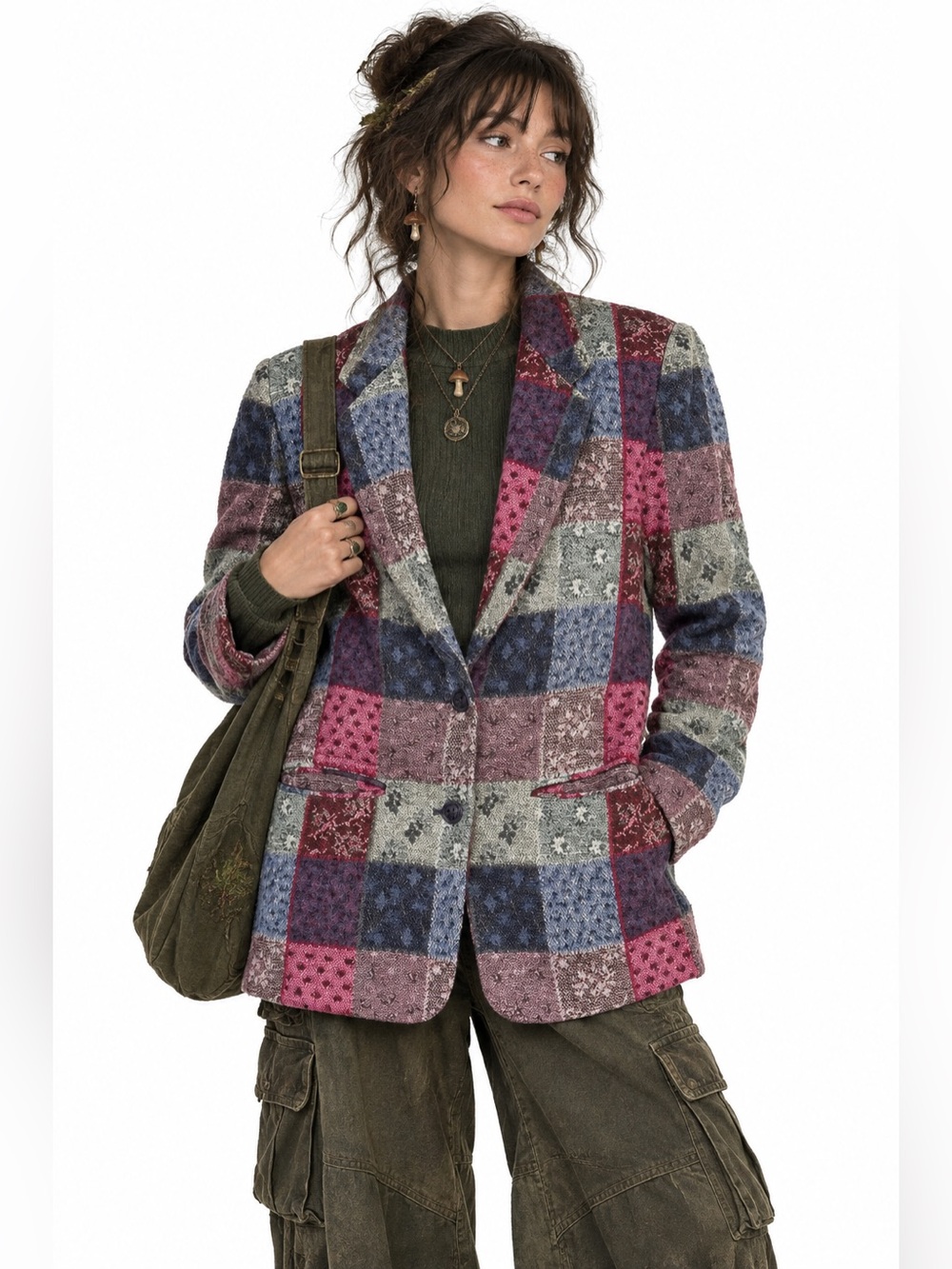 Boho Cottagecore Wool Patchwork Patterned Blazer Goblincore Earthy Eclectic Fall